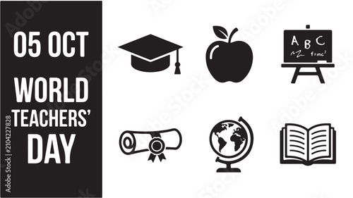 World Teachers Day icons for October 5th educational celebrations and events with graduation cap and apple symbols
