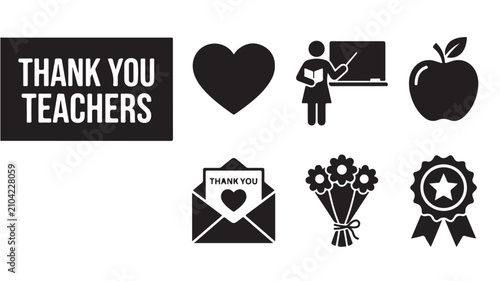 Black teacher appreciation icons set with thank you message and heart symbols