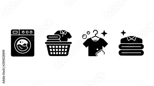 Set of Minimalist Laundry Service and Garment Care Black Glyph Icons Featuring Washing Machine and Folding Clothes Symbols