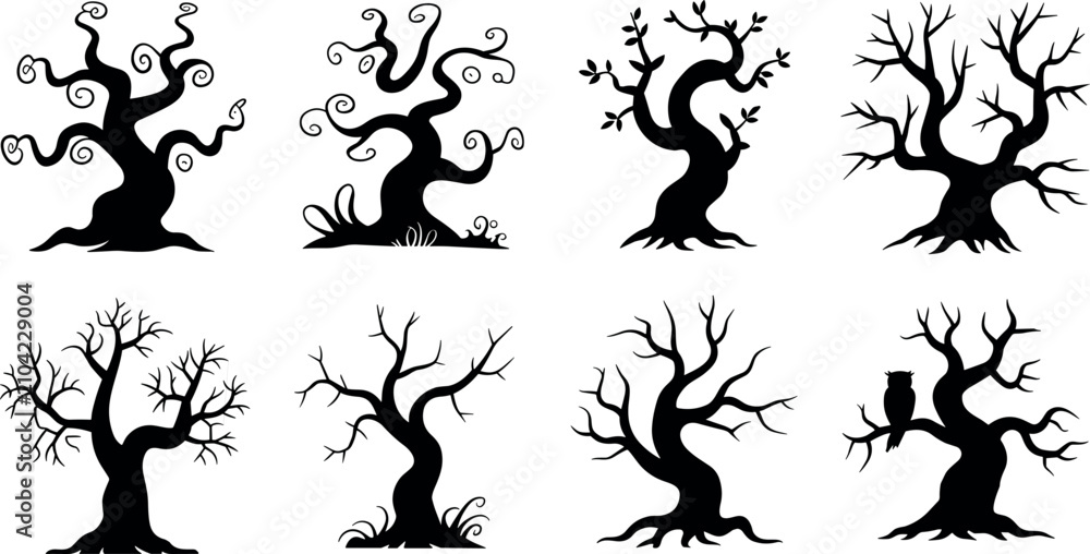 Obraz premium Set of Hand Drawn Spooky Scary Bare Tree Silhouettes for Halloween Decorations and Dark Forest Seasonal Graphic Designs