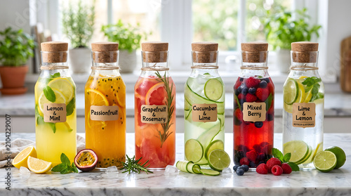 Colorful assortment of infused waters and fresh fruit drinks in glass bottles arranged on a marble surface, showcasing lemon, passionfruit, grapefruit, cucumber, berry and lime for healthy, refreshing