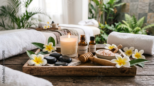 calming spa scene featuring aromatherapy oils, a burning candle, massage tools, sea salt and frangipani flowers arranged on a wooden tray to evoke relaxation and wellness