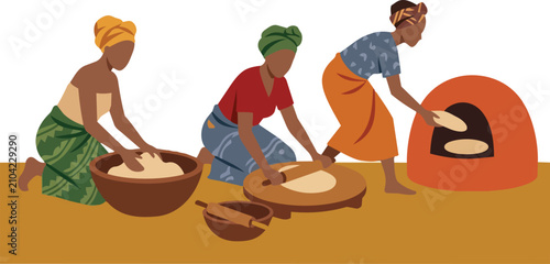 Three Women Collaboratively Preparing Traditional Flatbread in a Rustic Setting Vector Illustration cooking food preparation collaboration handmade cultural artisanal clean