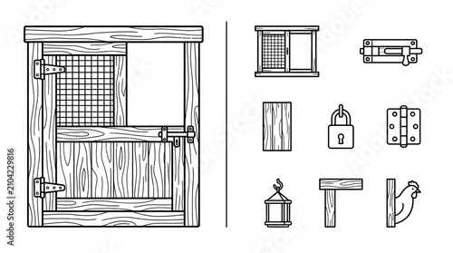 Wooden Chicken Coop Door Construction Kit Line Art