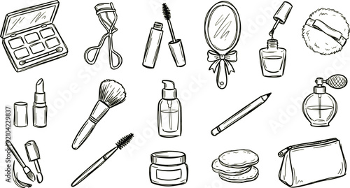 фотографія Cosmetic beauty makeup line icon set featuring eyeshadow palette lipstick brush