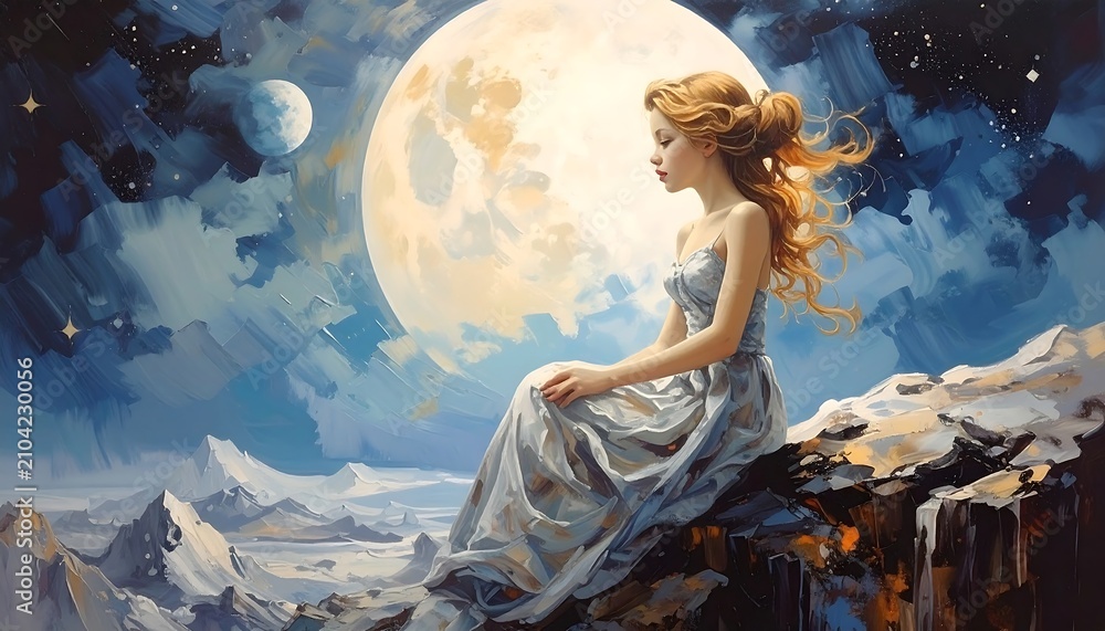 Fototapeta premium Woman Stargazing at Moon.