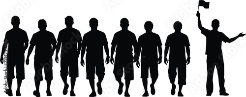 Canvastavla Silhouette of group walking in unity with one figure leading and holding flag, symbolizing leadership, individuality, guidance, and standing out from the crowd