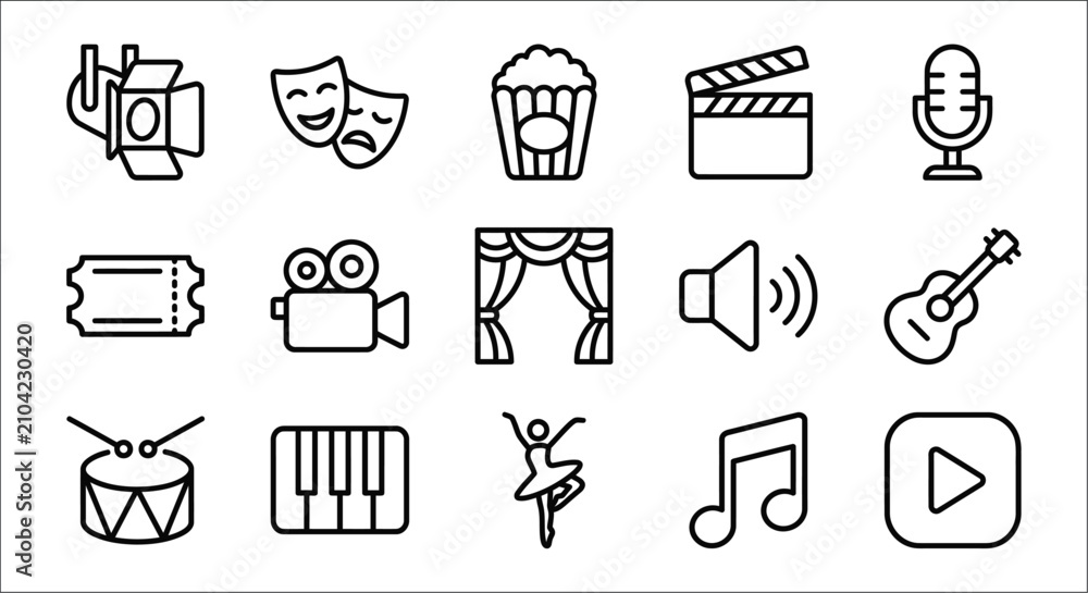 Fototapeta premium Entertainment Icons Collection Line Style On White Background cinema film movie theater drama comedy popcorn