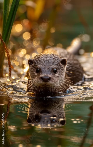 Curious river otter swims through golden sunlit waters creating a perfect mirror reflection in this high quality nature animation video footage for cinematic wildlife media projects.