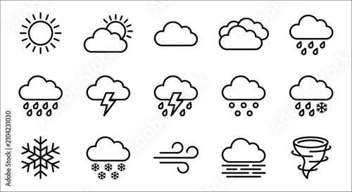 Photos Weather condition icons black line art on a white background depicting sun cloud