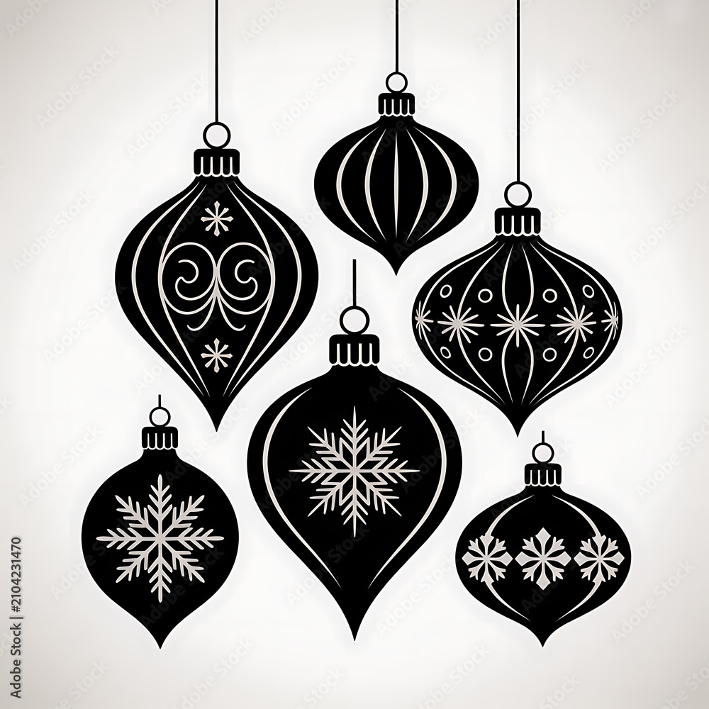 Obraz premium Five elegant black and white christmas ornaments hanging isolated on white background