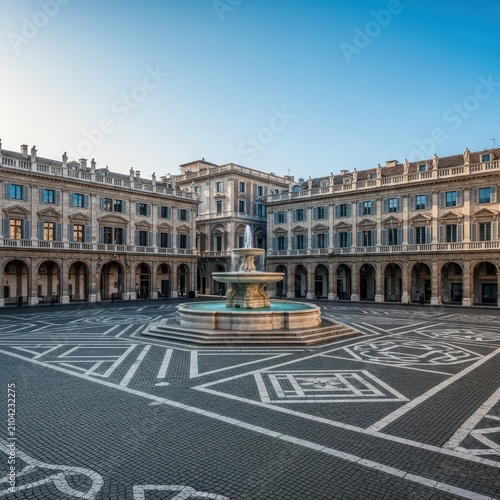 A wide open urban plaza featuring intricate cobblestone patterns, a central marble fountain, and historic architecture under a clear blue sky, peaceful, ground, scenery