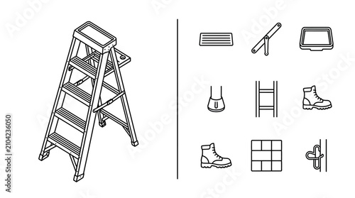 Isometric Stepladder and Construction Tool Icons Set