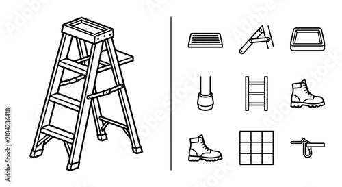 Stepladder and Industrial Safety Equipment Line Icons Set