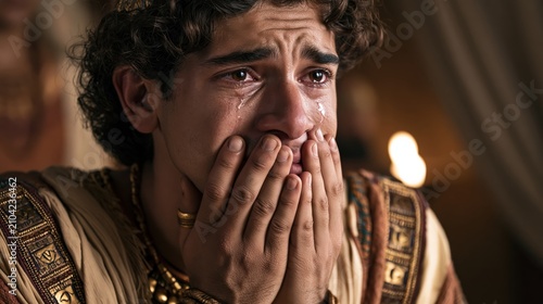 Joseph weeping alone in a private chamber after seeing his brothers in Egypt.