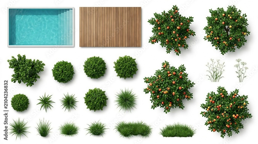 Fototapeta premium Outdoor garden layout top view swimming pool wooden deck fruit trees shrubs flowering plants patio photo