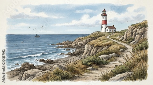 Coastal beacon artistic illustration rendered in soft pigments hand-drawn nautical landscape depicting shore herbage and stony formations ideal for tourism promotions paper goods product