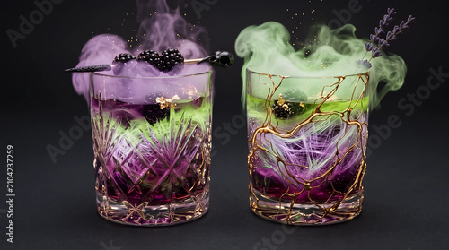 Two crystal glasses filled with magical smoking cocktails garnished with blackberry and lavender. Ethereal glowing potions in unique designer glassware. Fantasy drink for halloween party.