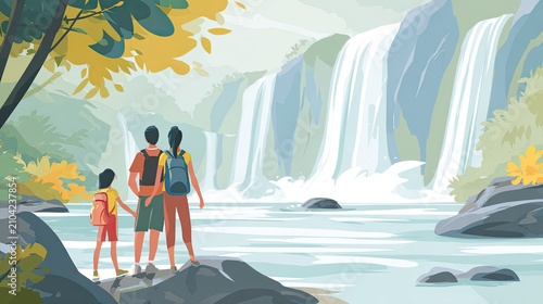 Illustrated travelers standing before a tropical waterfall, outdoor adventure, nature exploration, shared journey, scenic escape