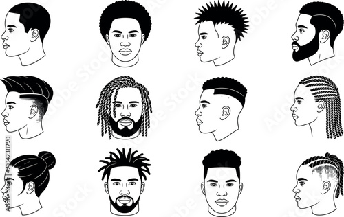 Obraz na płótnie Black man avatar line art collection with various haircuts dreadlocks braids afr