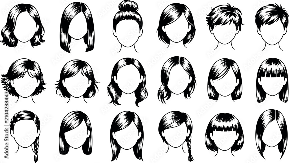 Obraz premium Women hairstyle vector sketch illustration set featuring various female haircuts and avatars isolated on white background