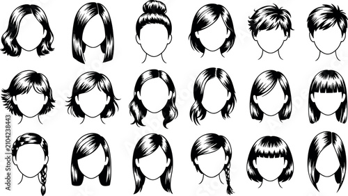 Konstfotografi Women hairstyle vector sketch illustration set featuring various female haircuts