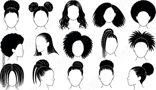 Foto Black woman hairstyles vector set with afro curly braids locs buns and mohawk li