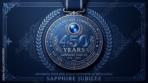 Contemporary sapphire blue forty-five decade commemorative medal graphic on a deep navy textured layout