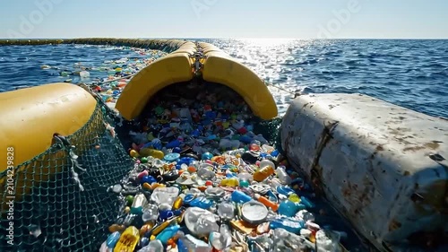 Floating plastic waste collects inside ocean cleanup boom as floating barriers guide debris toward containment net on sunlit seawater, with wide horizon and rippling blue waves visible