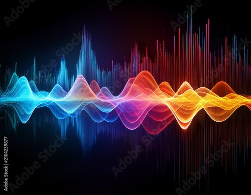 representation of sound waves showcasing colorful patterns in a modern design against a dark background