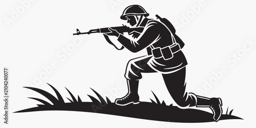 Foto Black silhouette of kneeling soldier aiming rifle in combat stance