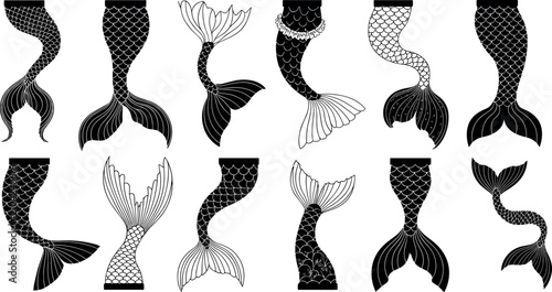 Quadro su tela Mermaid tail vector illustration set with various fish scales and fin silhouette