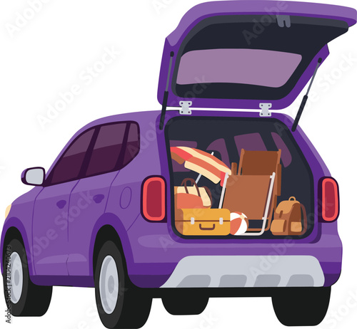 SUV Car with Open Trunk Packed for Travel Vector Illustration