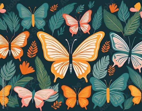 flat floral pattern with colorful butterflies and botanical leaves