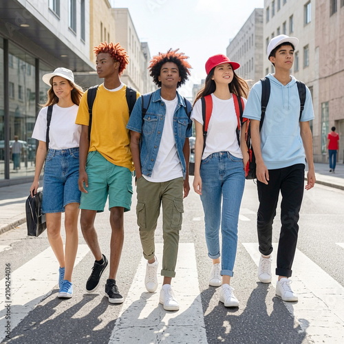 Teenagers Walking Together Through Modern City Street Outdoors