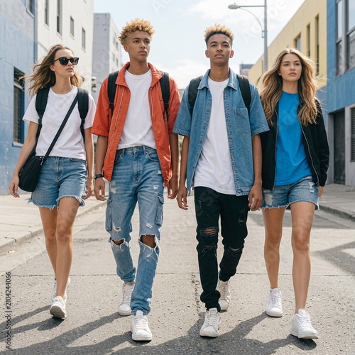 Teenagers Walking Together Through Modern City Street Outdoors