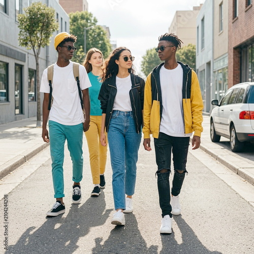 Teenagers Walking Together Through Modern City Street Outdoors