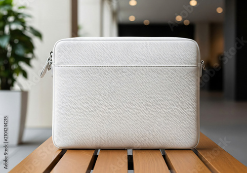 White Textured Leather Laptop Sleeve on Wooden Bench