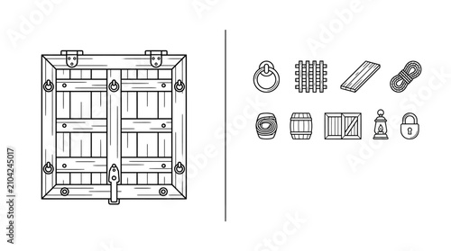 Vintage Wooden Crate and Pirate Treasure Chest Elements Icon Set