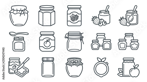 Collection of jam jar and fruit preserve line icons.