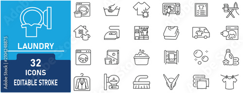 Laundry Line Icons Set. Contains icon related to laundry service, cleaning, ironing, fabric care, stain removal, detergent, folding clothes,maintenance, and more. Editable stroke. Vector illustration.