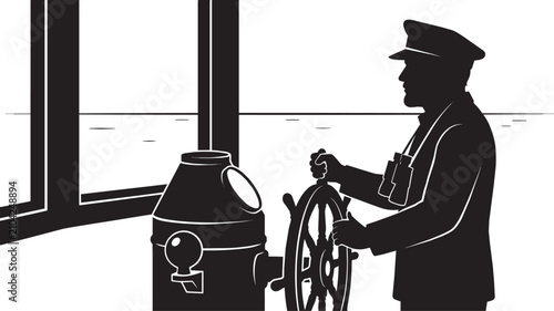 Silhouette of a ship captain steering a vessel from the bridge.