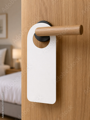 Blank white door hanger tag mockup on a wooden door handle
