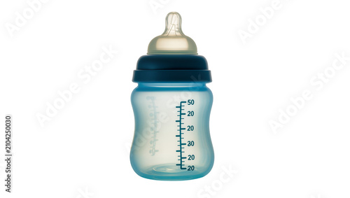 Konstfotografi Isolated translucent blue baby feeding bottle with dark cap and soft silicone ni