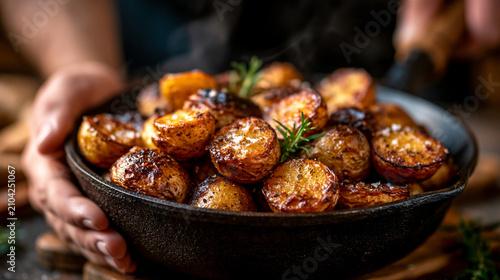 Chef hands serving roasted seasoned baby potatoes in a skillet with potatoes