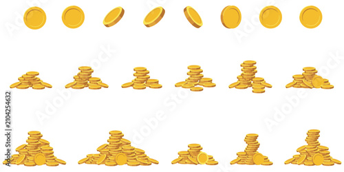 Gold coins illustration collection with single coins, stacks, piles, shiny metallic treasure, wealth accumulation, savings growth, financial prosperity reward flat vector illustration