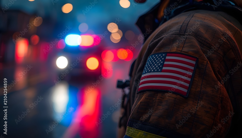 Obraz premium USA Firefighter Uniform with American Flag Patch & Emergency Lights Bokeh.