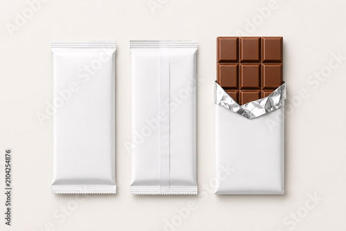 Chocolate Bar Packaging Mockup Set with Blank Wrappers and Open Milk Chocolate. Food Branding Template