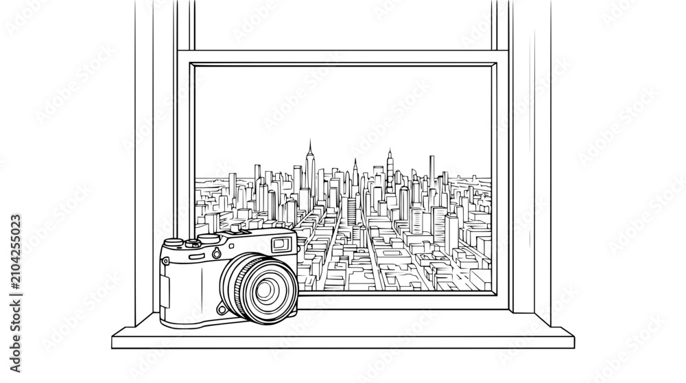 Fototapeta premium Line art illustration of a vintage style camera on a windowsill overlooking a city skyline