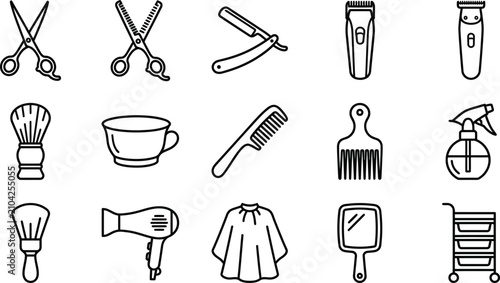 Barber shop tool Line Icons Scissors Razors Combs Hairdryers And Related Equipment barbering hair cutting shears hair trimming scissors